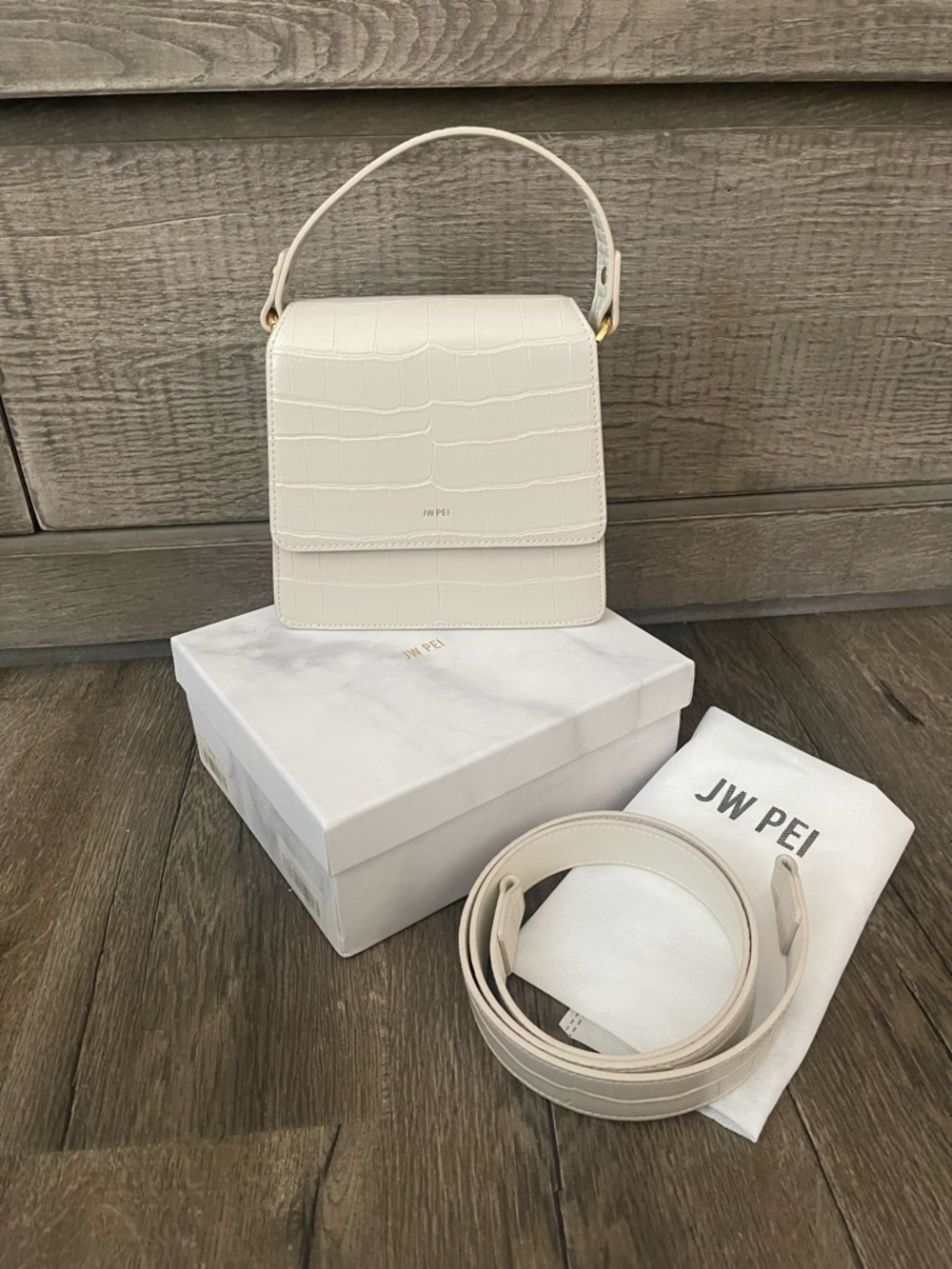 JW PEI Cream Croc-Embossed Mini Top Handle Bag